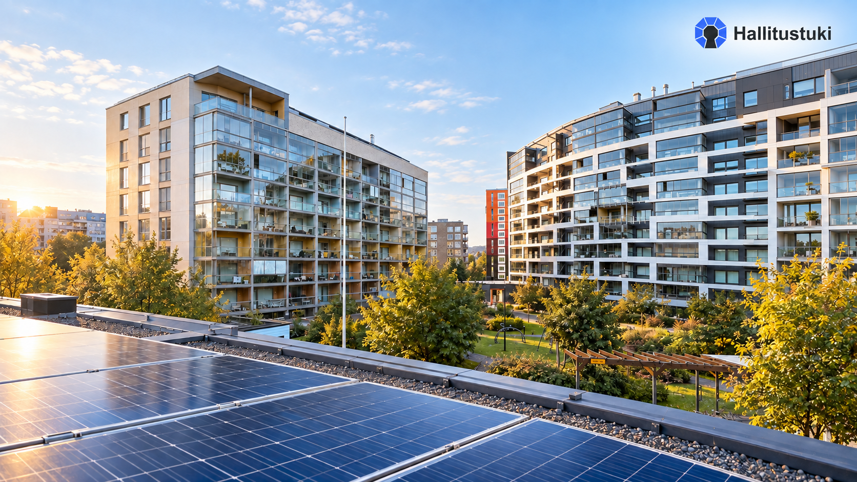 Taloyhtiön energia-avustusta havainnollistavat aurinkopaneelit ja kerrostalot.
